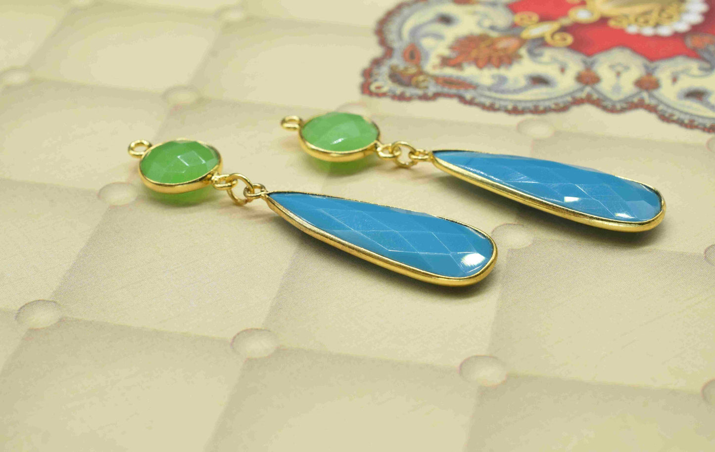 Turquoise Dangle pendant Charms,Multi Gemstone Dangle Earring,Chrysoprase pendant Connectors,Handmade Station Bezel Link,Component Jewelry