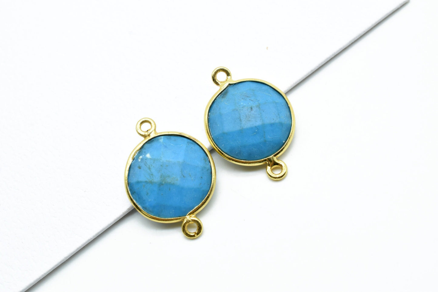 Natural Turquoise 14mm Round double bail connectors,Turquoise Pendant,Faceted Turquoise bezel link,Gemstone Charm,Gemstone Pendant, charms