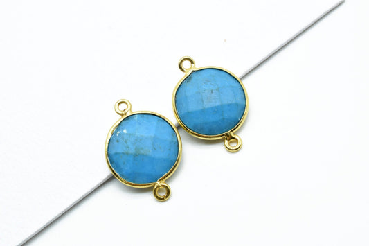 Natural Turquoise 14mm Round double bail connectors,Turquoise Pendant,Faceted Turquoise bezel link,Gemstone Charm,Gemstone Pendant, charms