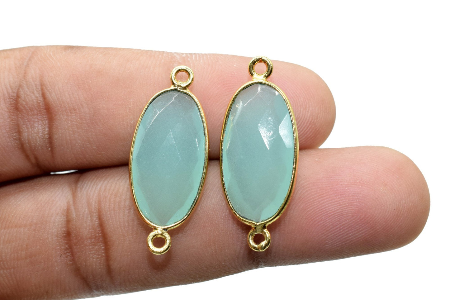 Aqua chalcedony 10x20mm double bail connectors,chalcedony Oval pendant,Gemstone connectors,Brass charm,Gold plated charms,Jewelry supplies