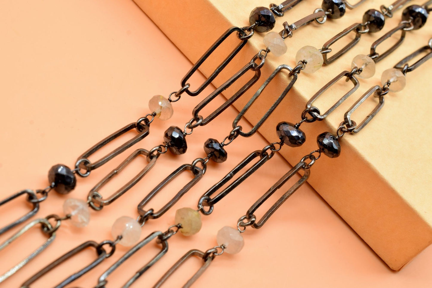 Multi Gemstone Connectors Chain, Findings Connectors Rosary, Open Rectangle Findings 8x16mm Oxidized Rosary Chain, Black Plated Rosary Chain