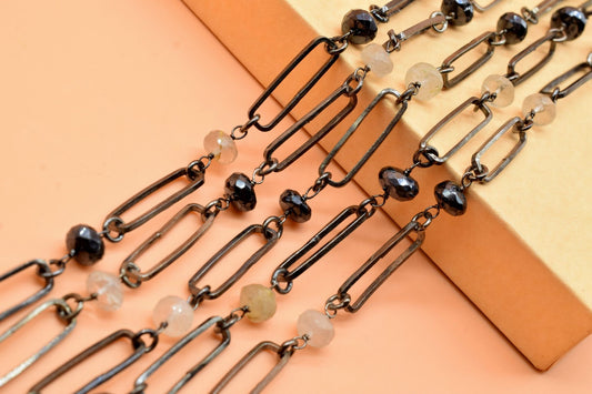 Multi Gemstone Connectors Chain, Findings Connectors Rosary, Open Rectangle Findings 8x16mm Oxidized Rosary Chain, Black Plated Rosary Chain