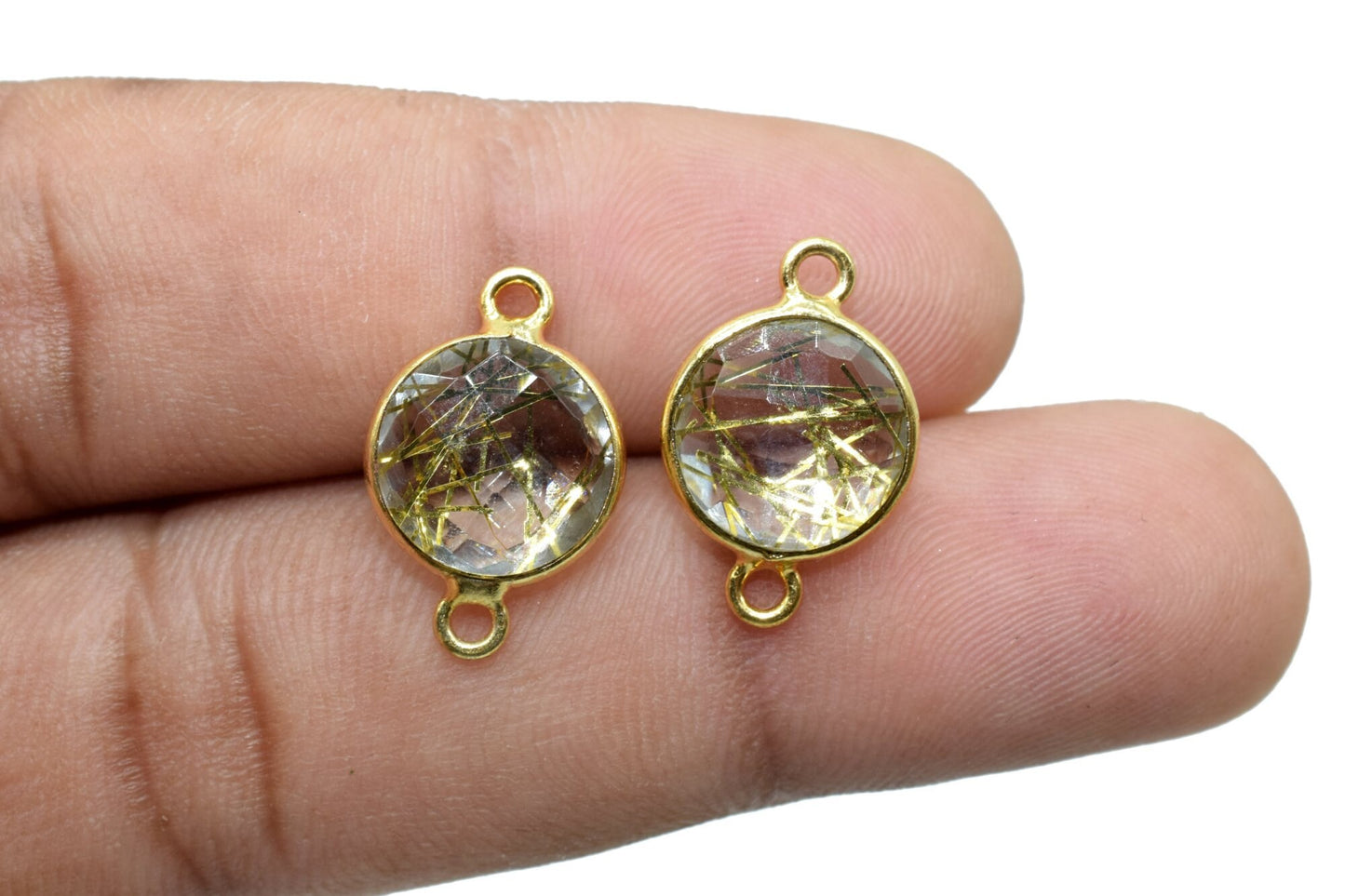 Golden Rutile 10mm Round double bail connectors,Golden Rutile Round Gold Plated bezel,Jewelry making charms,Golden Rutile Brass connectors,