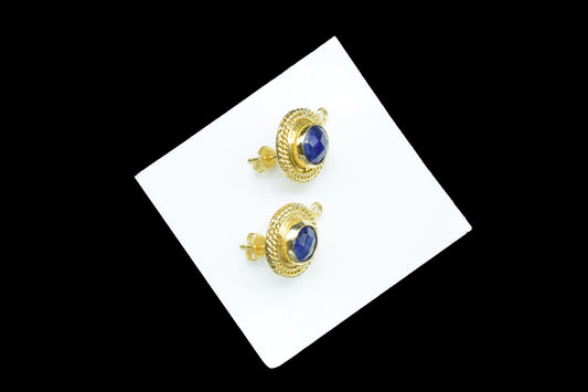 Blue Sapphire Gemstone Earring/Sapphire Round Earring/Designer Bezel Earring/Gold Plated Jewelry/Handmade Jewelry/Earring Connector/Gift