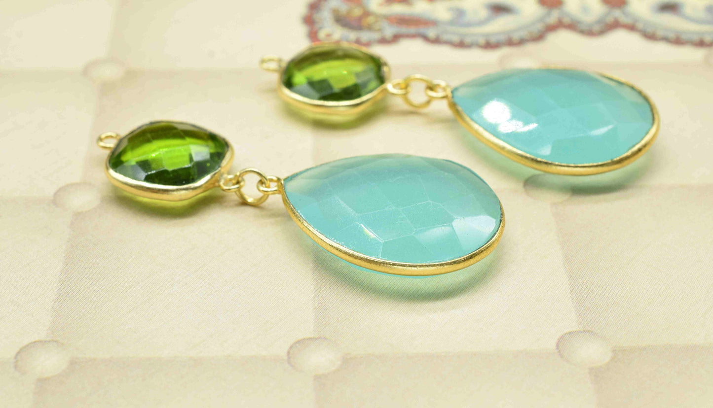 Aqua Chalcedony Component pendants,Multi Gemstone Dangle Earring,Peridot Connector jewelry,Dangle pendant Charms,Handmade Station Bezel Link