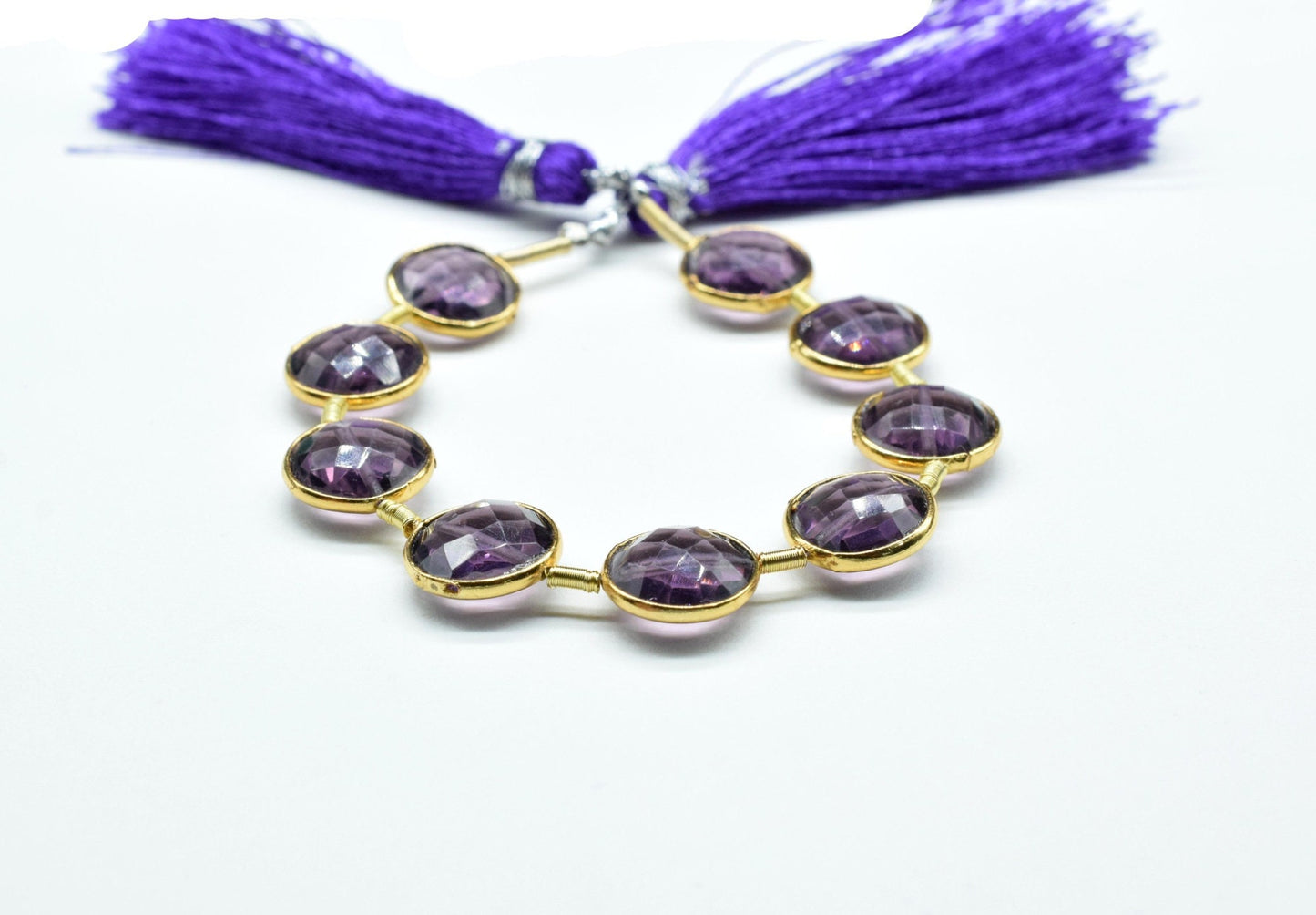 Amethyst Gemstone 10mm Round Charms Beads Strand,Amethyst Findings Jewelry Making,Brass Gold Plated bezel,February Birthstone Coin Links