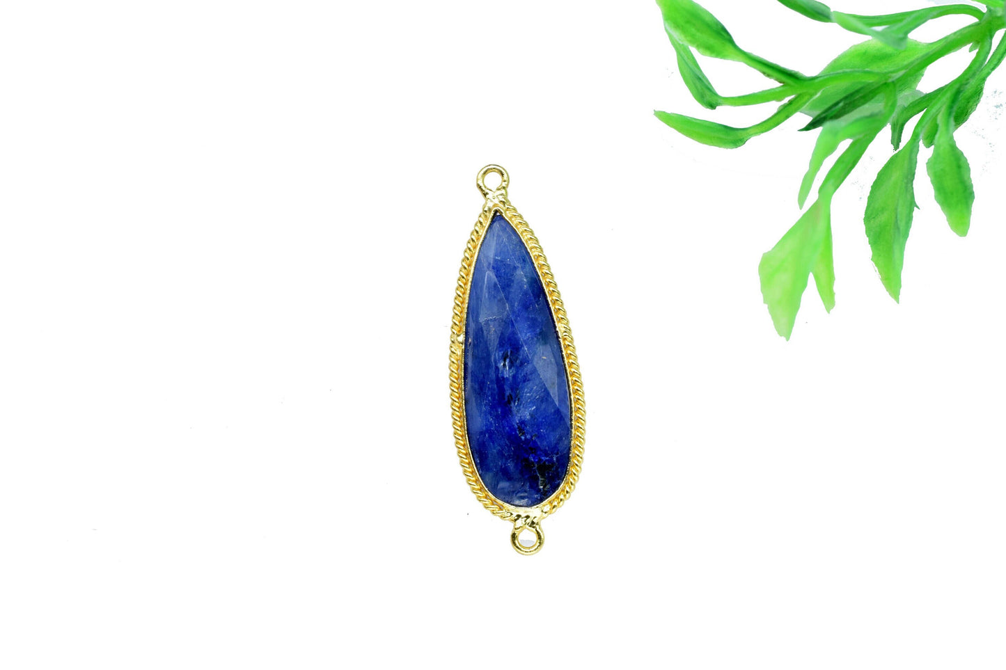 Blue Sapphire Faceted 10x30mm Pear Shape Charm,Blue Sapphire Connectors,Sapphire Double Bail Connector,Sapphire Gold Plated Charms Pendant