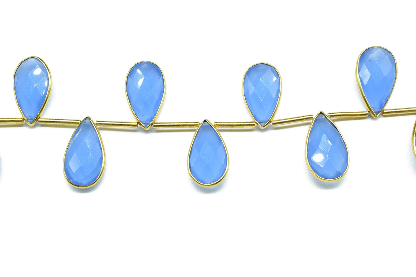 Blue chalcedony Side to Side Drilled chrams,Faceted Teardrop Gold Bezel Rim,pendant,earring findings,connector,Gemstone drilled bezel strand