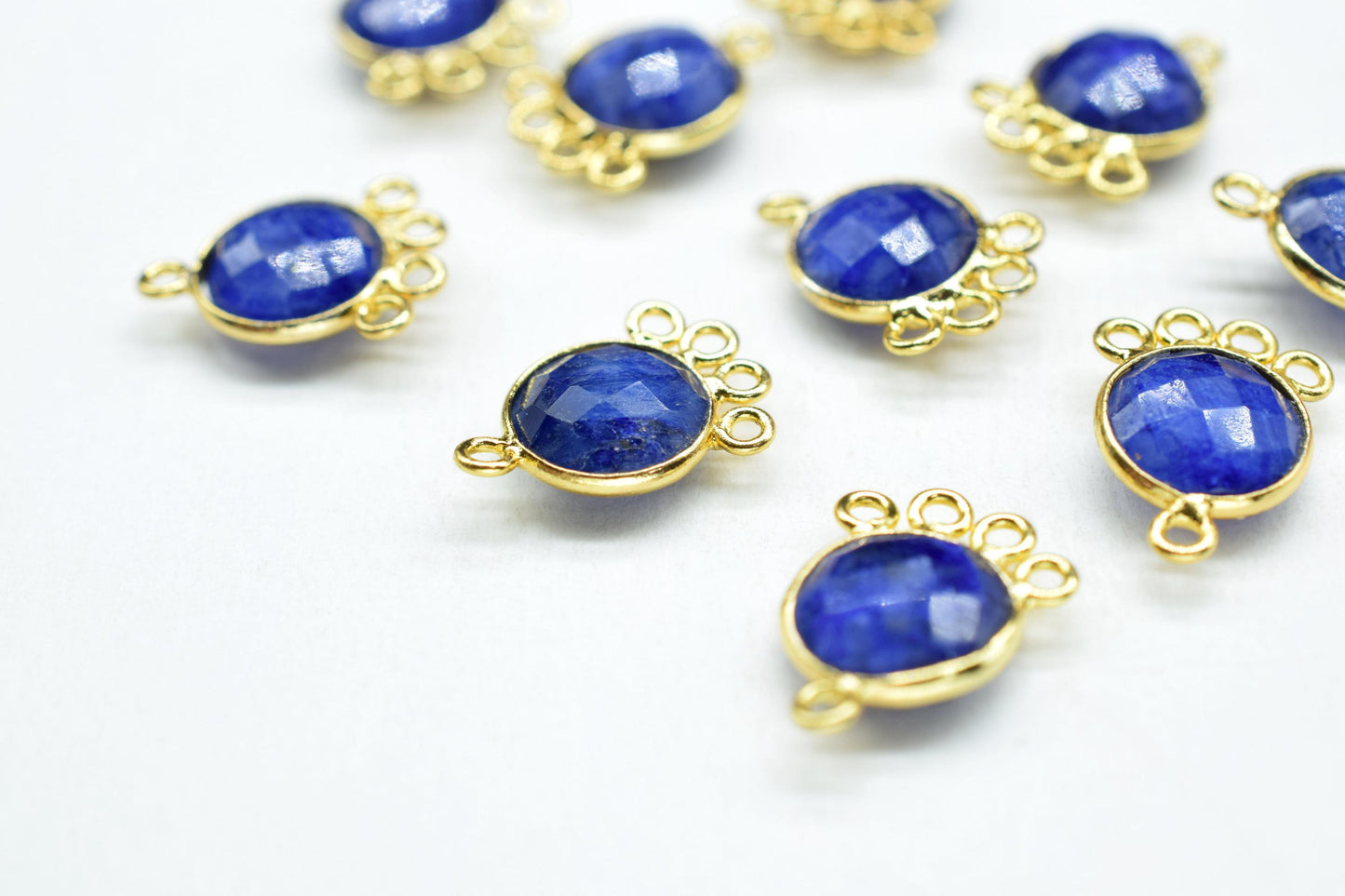 Blue Sapphire 10mm Round Bezel Charm/Gemstone Brass Component/Single Bail Pendant charms/Round Handmade Jewellery Connector/B'day Gift