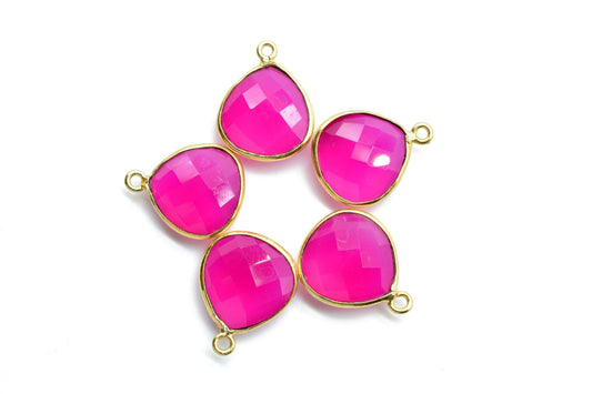 Pink Chalcedony 14mm Heart shape double bail connectors,Pink Chalcedony Round Gold Plated bezel,Jewelry making charms,Pink Brass connectors,