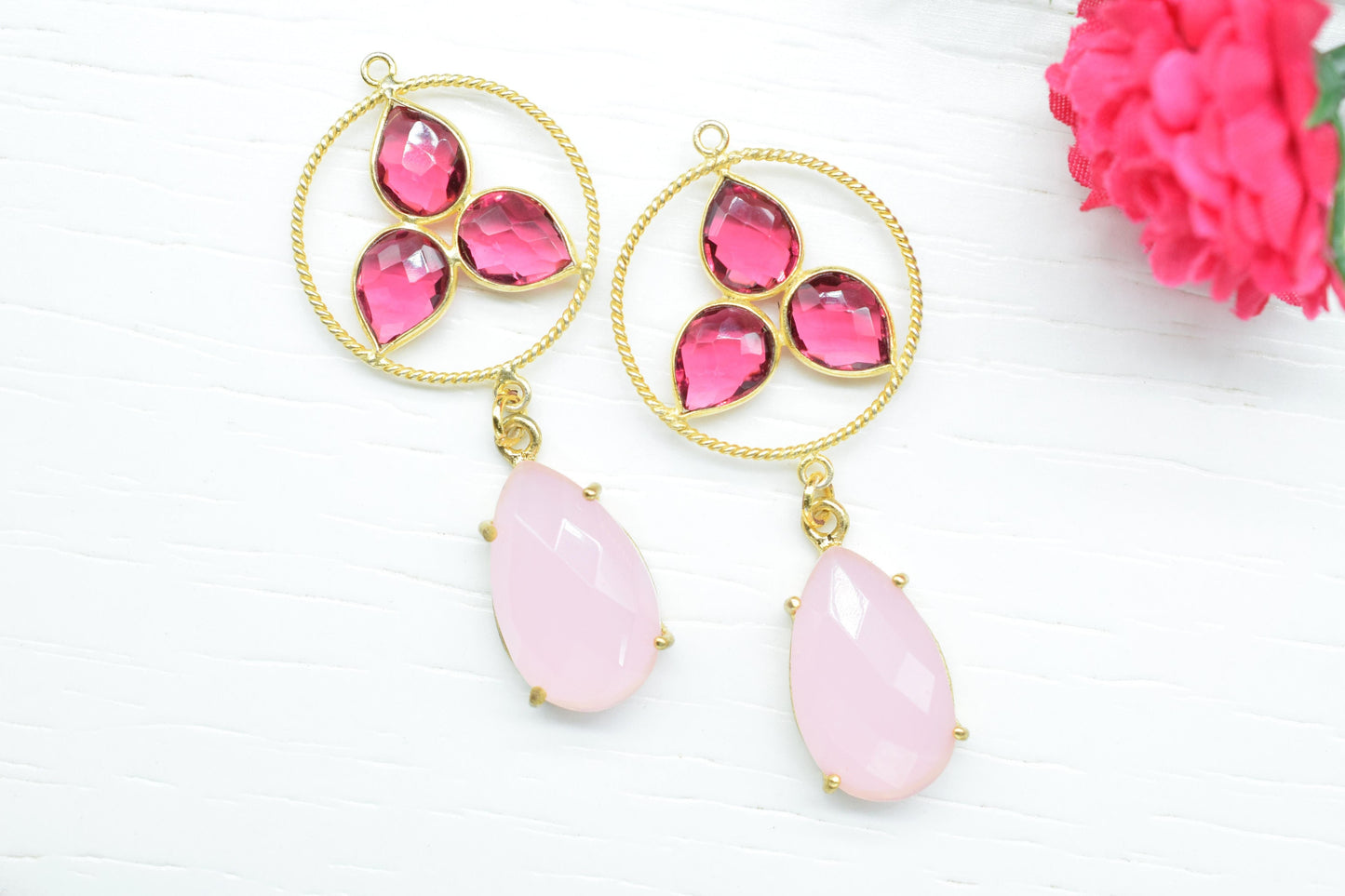 Pink tourmaline Bezel Charms Connector/Rose Quartz Prong Jewelry/Earring Connector/Station Bezel Link Pendant/Handmade Jewelry/B'day Gift