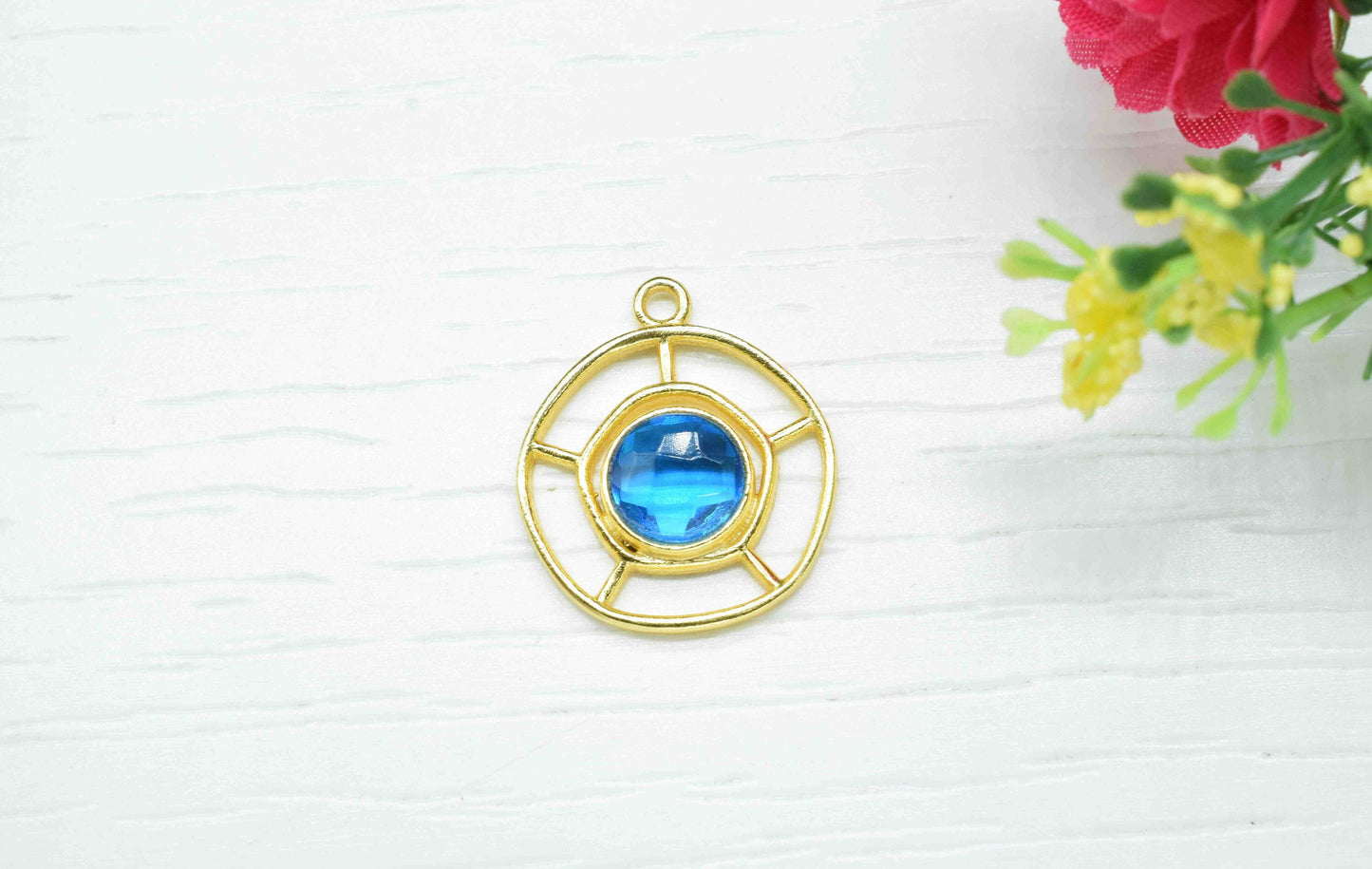 Blue Topaz Gemstone Component , Single Bail Charm , Blue Topaz  Connector Pendant , Gold Plated Connectors , Earring Component