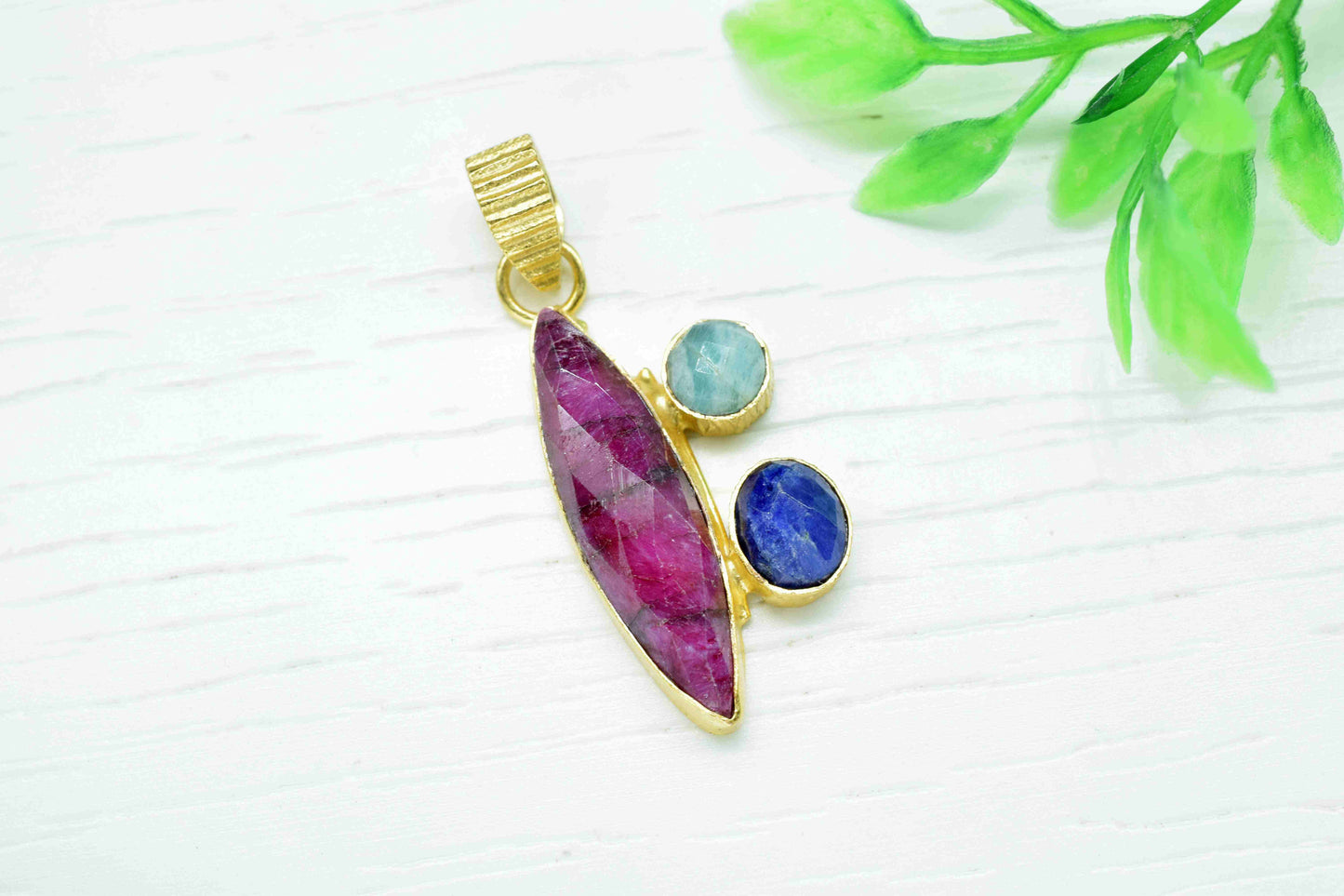Natural Multi Gemstone Pendant, Ruby Pendant, Blue Sapphire Gemstone Jewelry, Amazonite Gemstone, Gemstone Set Pendant, Multi Stone Pendant