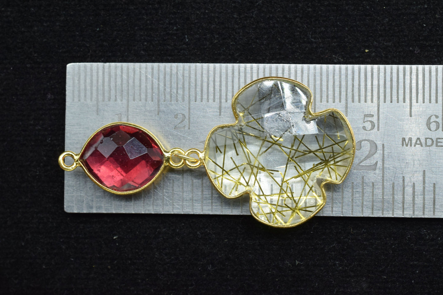 Pink Tourmaline Dangle Component pendant,Multi Stone Dangle Earring,Clover Shape Pendants,Gold Rutile pendant Charms,Gemstone Bezel pendant