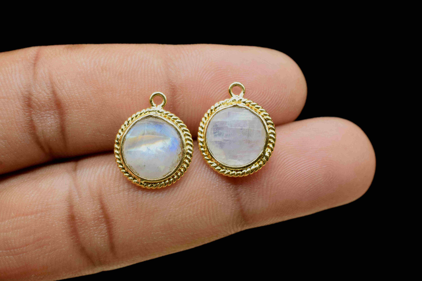 Rainbow Moonstone 10mm Round Shape Single Bail Connector,Moonstone Charms Pendant,Moonstone Gold Plated Bezel,Jewelry Making Charms Crafts