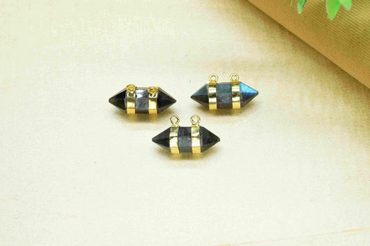 Blue Fire Labradorite 8x22mm Point Pendant,Labradorite Bullet Pendant,Labradorite Gemstone Double Bail Pendant with Electroplated Gold Band