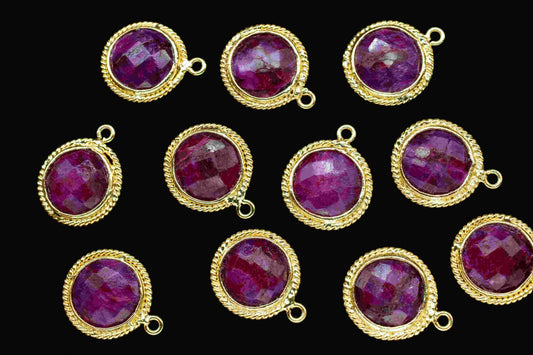 Ruby 10mm Round Shape Single Bail Connectors,Ruby Round Gold Plating Bezels,Ruby Single Loop connector,Ruby jewelry making charm,Ruby Charms