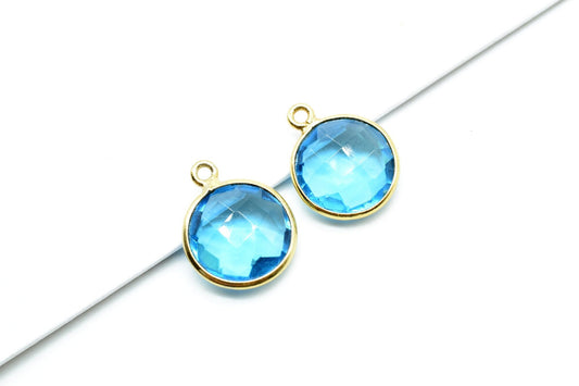 London Blue Topaz 12mm Round charm,Brass Gold Plated bezel,Blue Topaz Pendant,TeardropGold Bezel Trim Edge Faceted Gemstone,Blue Topaz charm