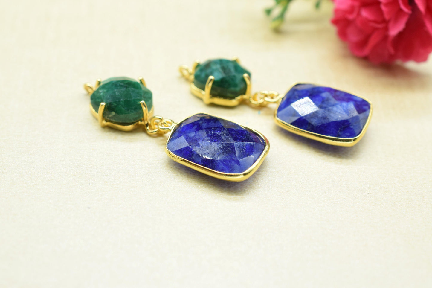 Natural Emerald Prong Setting Bezel Charm/Handmade Pendant/Blue Sapphire Connector/Earring Connector/Multi Stone Pendant/Station Bezel Link