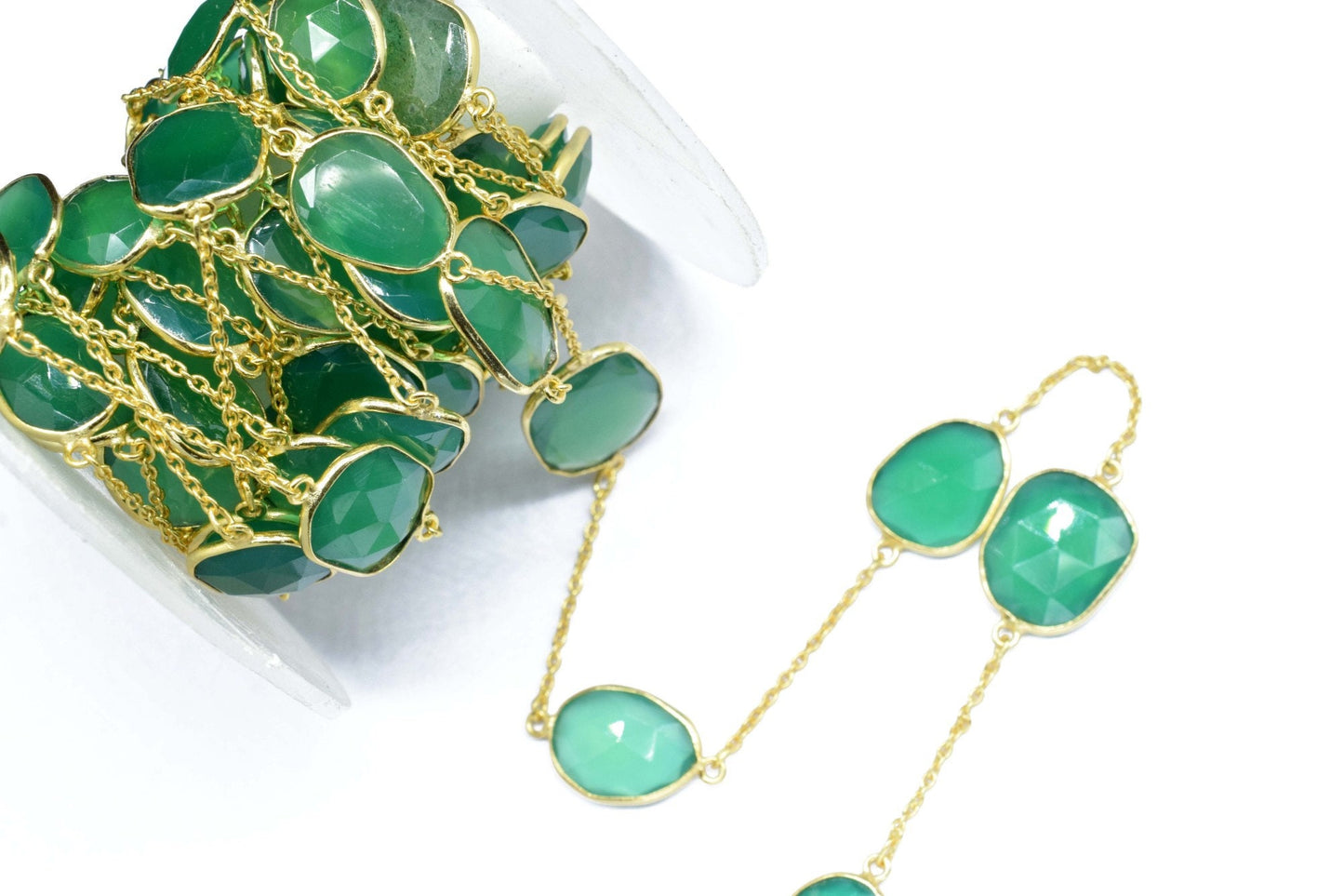 Green Onyx Faceted Connectors, Gold Bezel Chain,Free Size Gemstone Connector,Green Onyx Bezel Jewelry,Handmade Station Bezel Link Chain,Gift