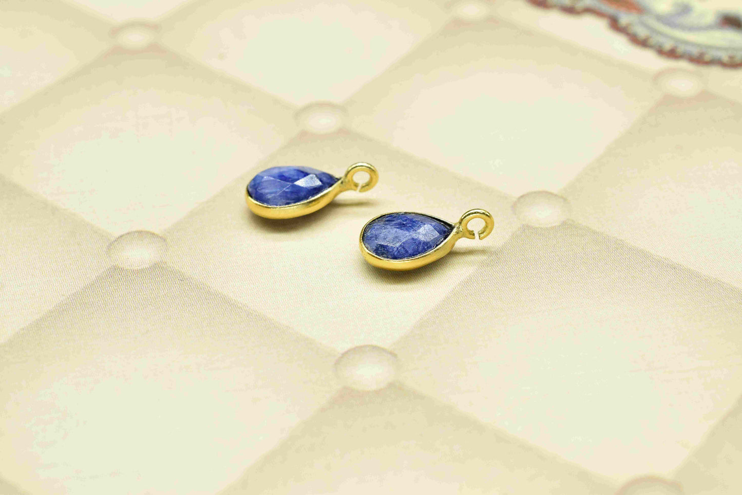 Blue Sapphire 6x8mm Earring Connector, Jewelry Making,Blue Sapphire stud,Gold Plated Earring Connector,Pear Shape Earring Connector Jewelry