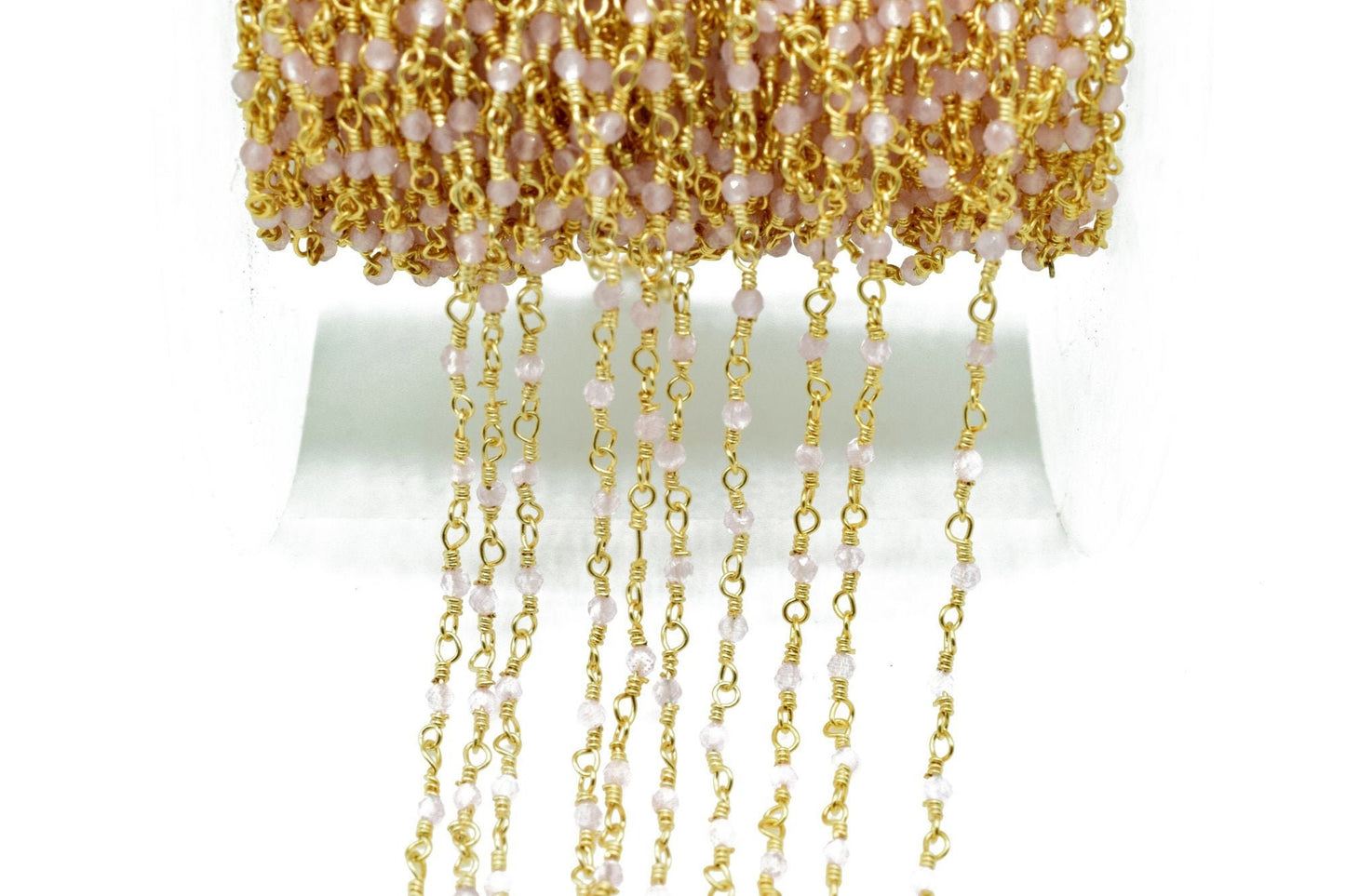 Rose Quartz 2mm Beaded Chain,Rose Quartz Rosary,Gold Plated Wire Wrap Chain,Brasschain,Jewelry Making Chain,Rosary,Rose Quartz vermeil chain