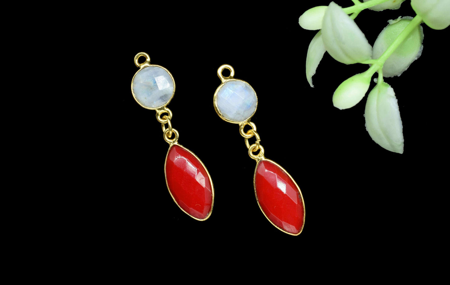 Red Coral Component pendant,Multi Gemstone Dangle Earring,Moonstone Connector jewelry,Dangle pendant Charm,Handmade Station Bezel Link,Gift