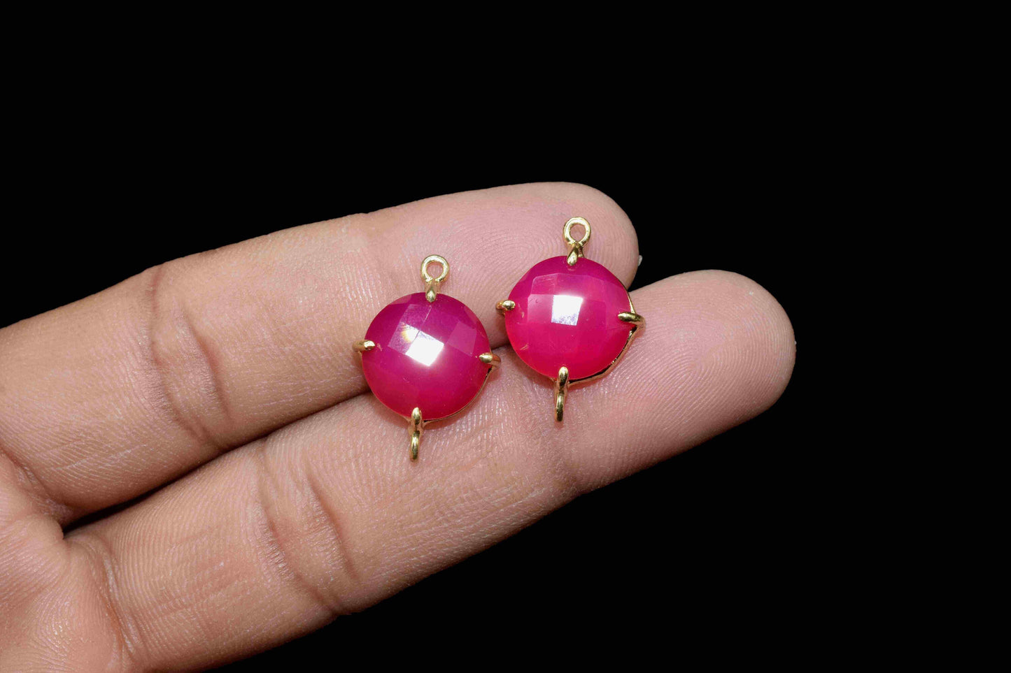 Pink chalcedony Round Connector,Charm for bracelet necklace Jewelry Making,Handmade Gemstone Bezel,Bead Prong Jewelry,double bail connector