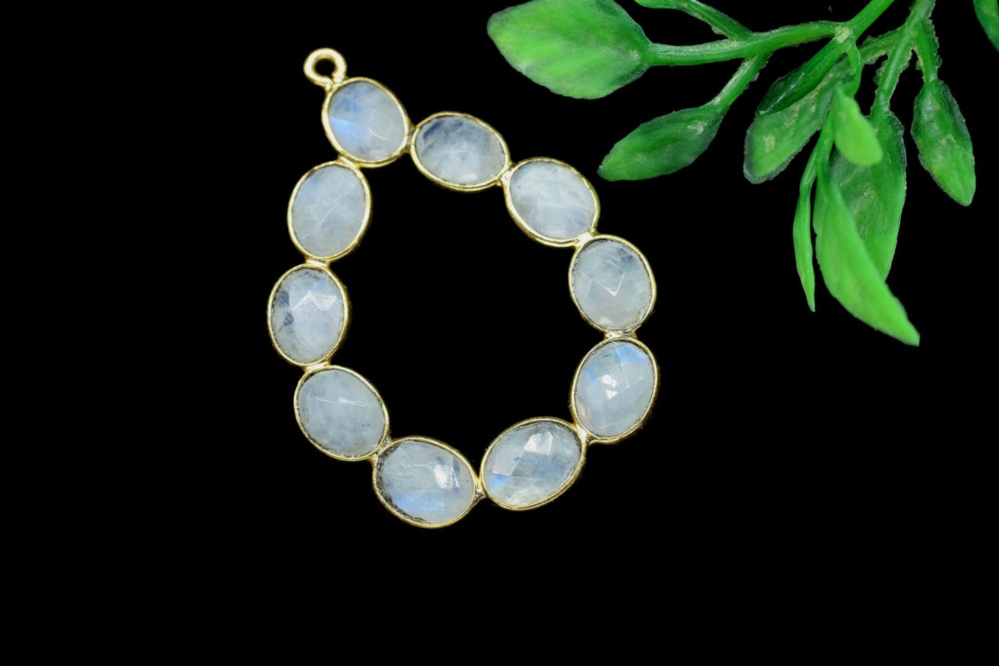 Moonstone loop connector,Natural Rainbow Moonstone,Bezel pendant ,floral gold Plated Single Point Bail,gemstone pendant,gold plated pendant,