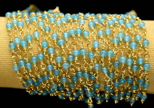 Apatite 2.5mm Beaded Chain,Apatite wire wrapped chain,Beaded chain,rosary chain,jewelry making supplies,Apatite Gold Plated Wire Wrapped