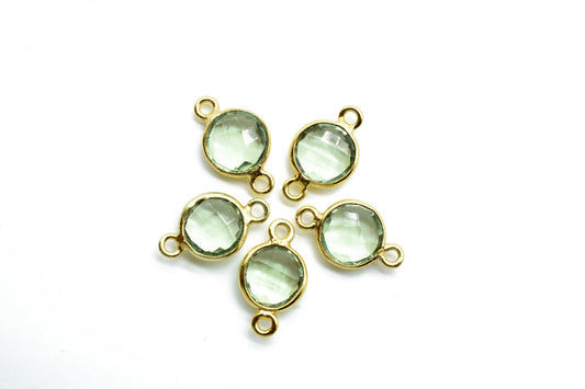 Natural Green Amethyst 8mm double loop connectors,Green Amethyst Pendant,Green Amethyst Round Gold Plated bezel,jewelry making charm, Brass