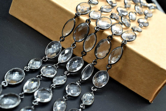 Crystal Bezel link Chain I Handmade Bezel Link Chain,Clear Quartz black rhodium Bezel Chain IBrass Chain,Gemstone Connector Chain Per Foot