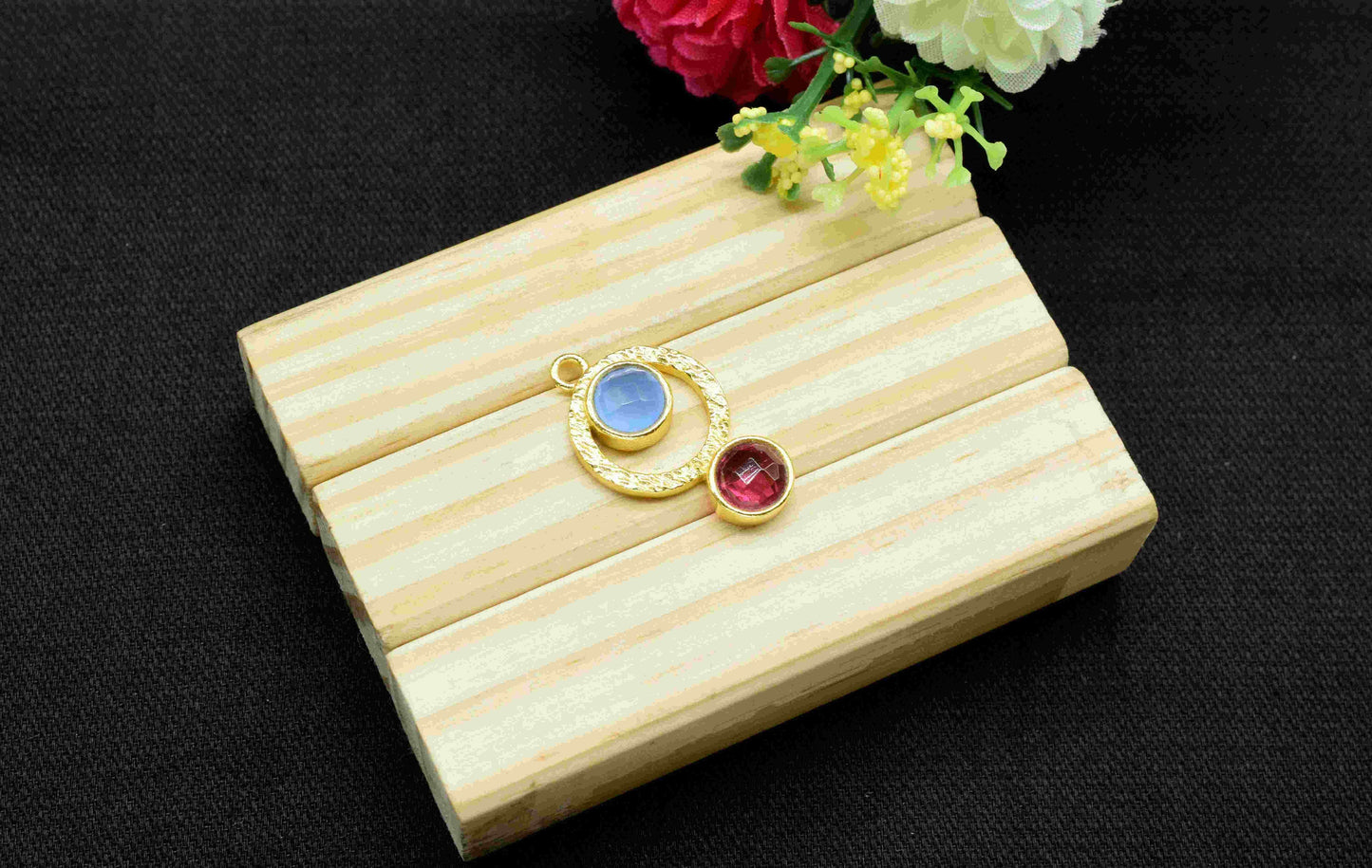 Blue Chalcedony Pendant , Single Bail Charm ,Pink Tourmaline Connector Pendant ,Gold Plated Connectors ,Single Bail Gemstone Connector Charm