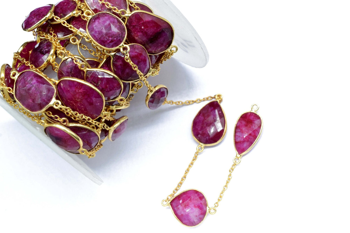 Ruby Faceted Bezel Chain Connector, Ruby Bezel Chain, Free Size Gemstone Connector, Jewelry Making Chain, Handmade Chain, Ruby Bezel Jewelry