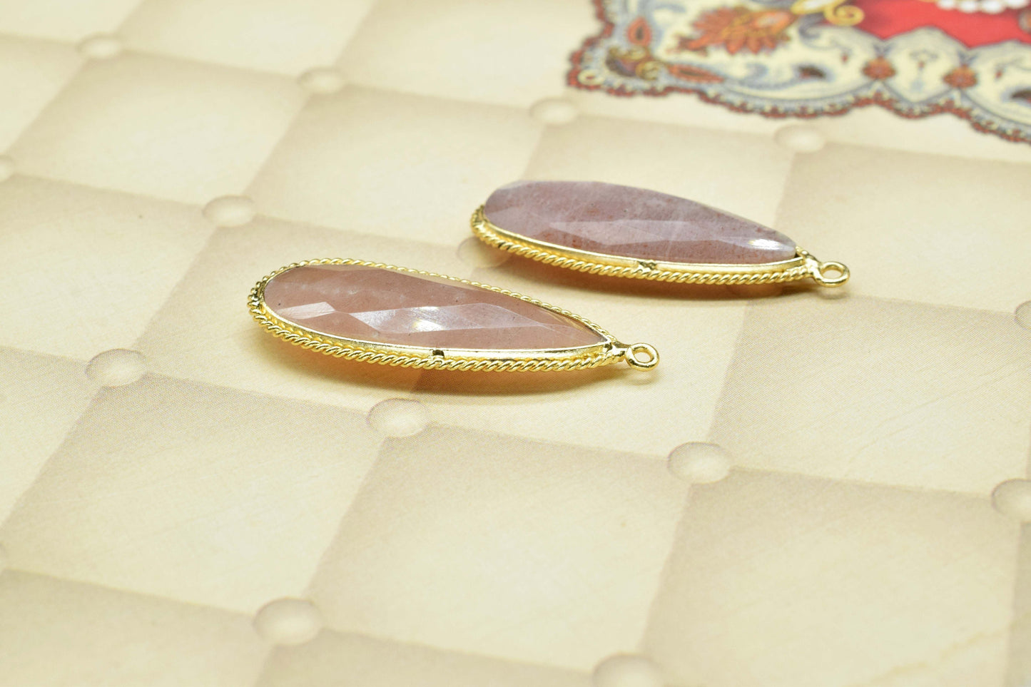 Peach Moonstone Faceted 10x30mm Teardrop Charms,Peach Moonstone Pendant Jewelry,Brass Gold Plated bezel,Peach Moonstone Connector Bezel,Gift