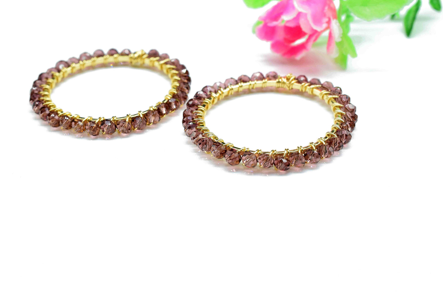 Pink Amethyst Wire Wrapped Dangle Connector,Circle Pendant Component,Handmade Earring,Beaded Hoop Earring,Finding Component Amethyst Jewelry