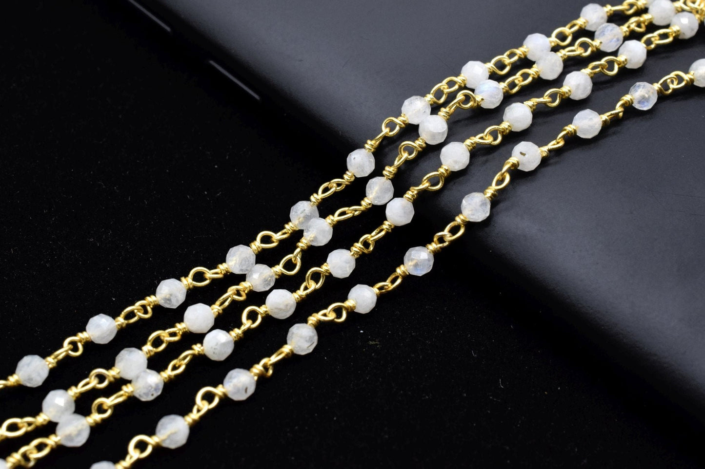 Moonstone 3mm Beaded Chain,Rainbow Moonstone Wire Wrapped Beaded Chain -Gold Rosary Style Chain -BuY in BULK,Rosary Chain,Brass Gold Plating