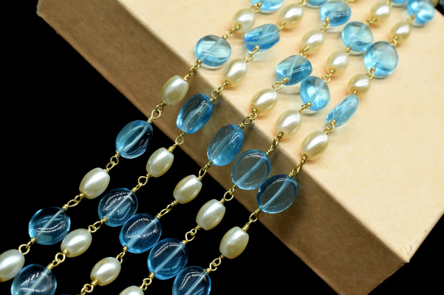 White Pearl and Sky Topaz Rosary Chain,Jewelry Making Beaded Chain By Foot,Pearl and Sky Topaz Rosary Oval Shape Beads,Wire Wrap Rosary