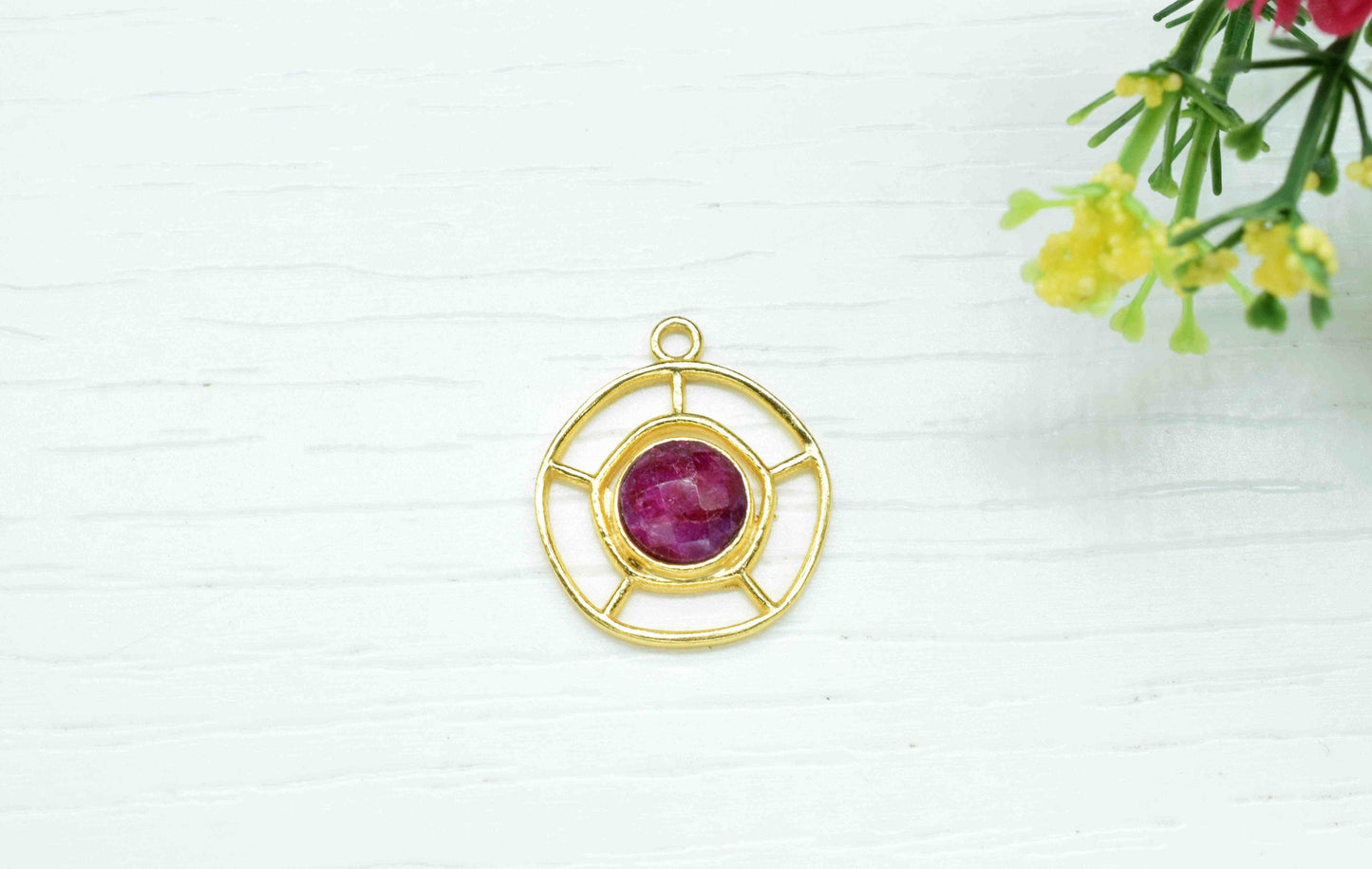 Ruby Gemstone Component, Single Bail Charm , Ruby  Connector Pendant , Gold Plated Connectors , Earring Component , B'day Gift