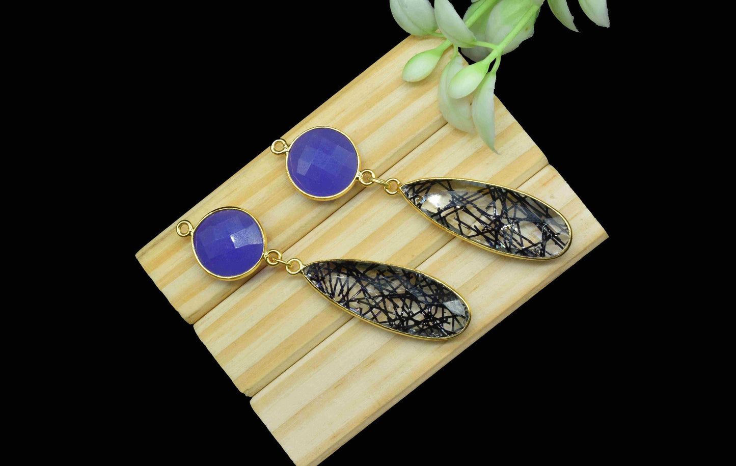 Black Rutile Dangle pendant Charms,Multi Gemstone pendant Connectors,Blue Quartz Dangle Earring,Handmade Station Link,Component jewelry Gift