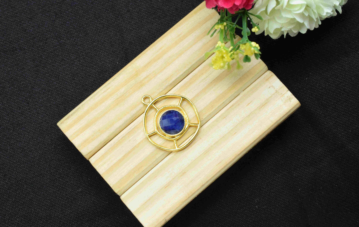 Sapphire Gemstone Component, Single Bail Charm , Sapphire Connector Pendant , Gold Plated Connectors , Earring Component , B'day Gift