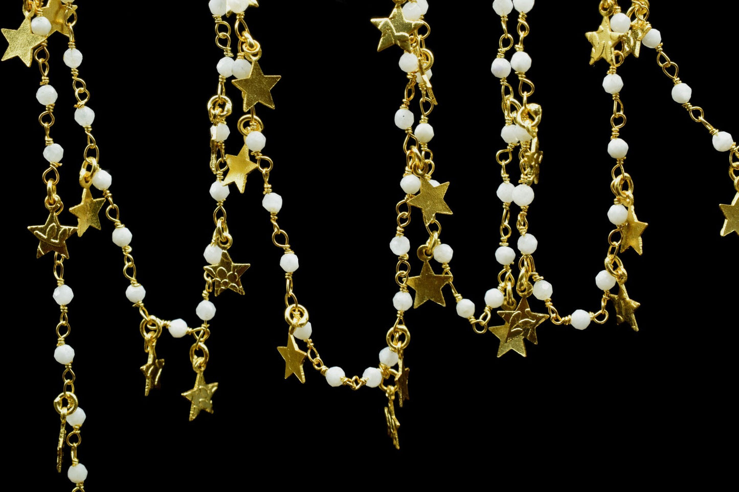 Moonstone 2mm Beaded & Star Charm Chain,Moonstone Rosary Chains,Moonstone Gold Plating Wire Wrap Chain,Brass chain,Jewelry Making Chains