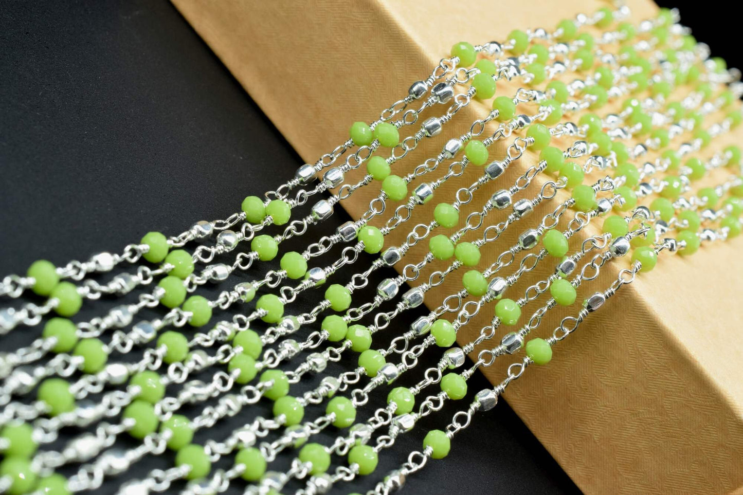 Chrysoprase Wire Wrapped Beaded Chain,Rosary Style Chain,Jewelry Supplies,Bulk Rosary Roll,Green Gemstone Rosary,chrysoprase Rosary Roll,