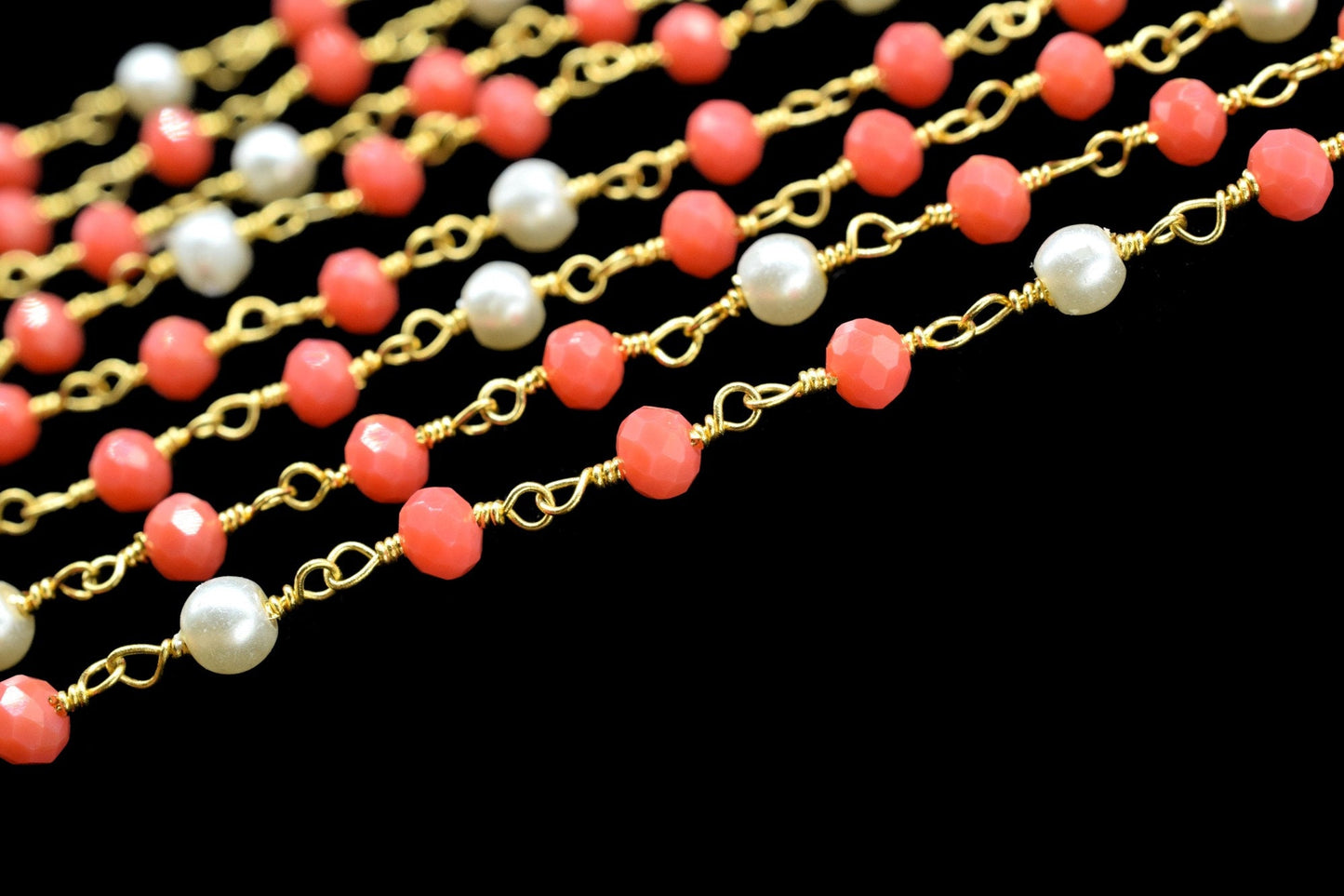 Red Coral Rondelle Beaded Rosary Chain,Gemstone Rosary Chain,Handmade Jewelery Making Craft,Pearl Wire Wrap Rosary Chain,Finding Chain Gift