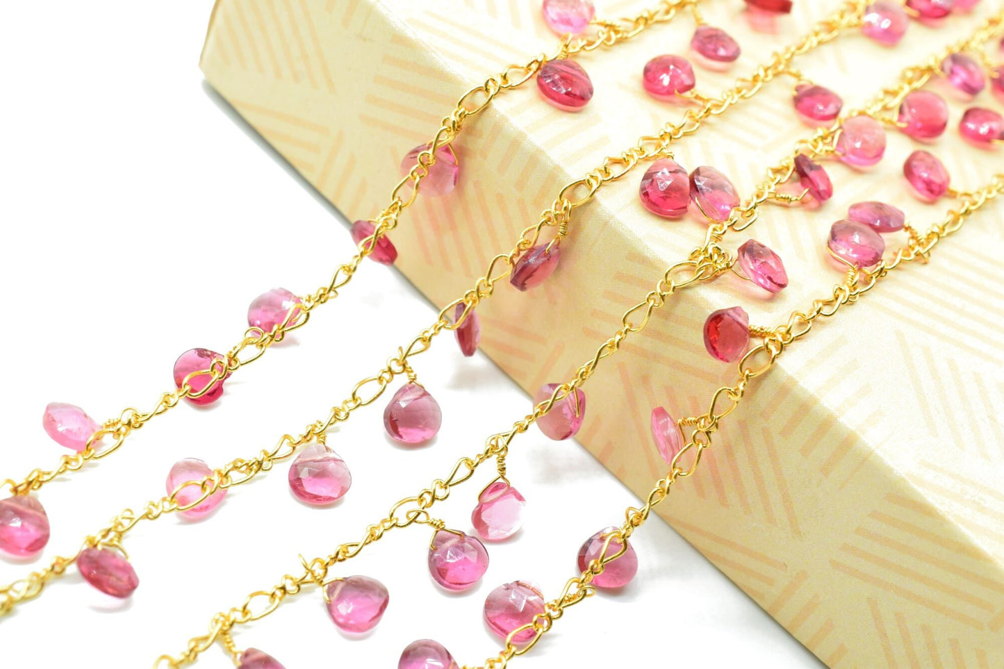 Pink Tourmaline 6mm Heart shape Briolette Chain,Beaded Wire Wrapped Fuchsia Diamond Cut Gemstone Bead,Faceted Rosary Chain,Gems Rosary Style