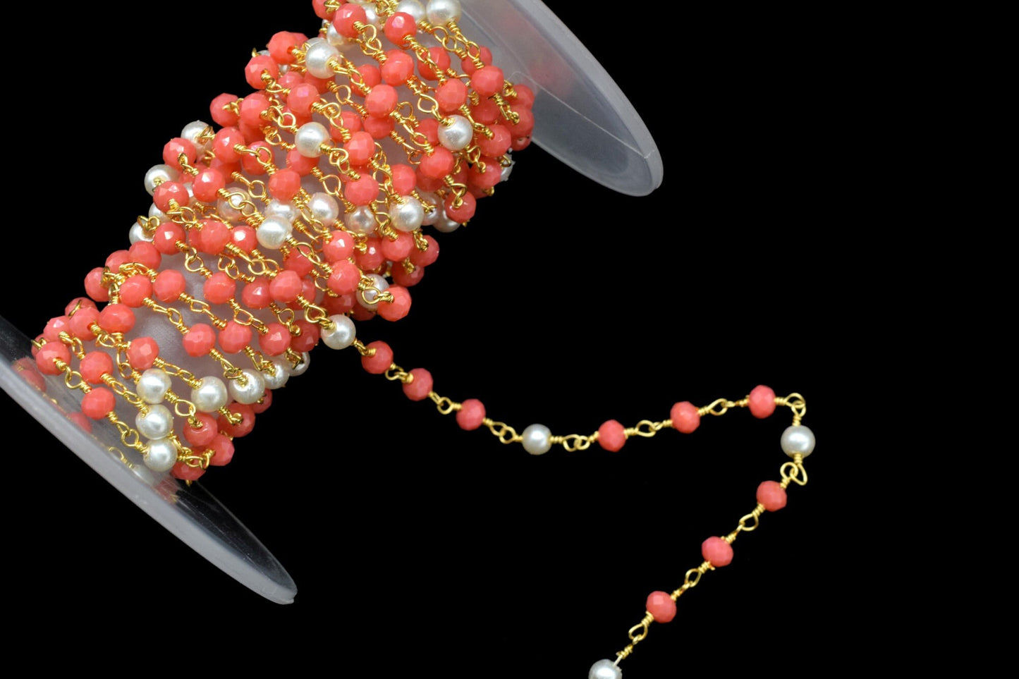 Red Coral Rondelle Beaded Rosary Chain,Gemstone Rosary Chain,Handmade Jewelery Making Craft,Pearl Wire Wrap Rosary Chain,Finding Chain Gift