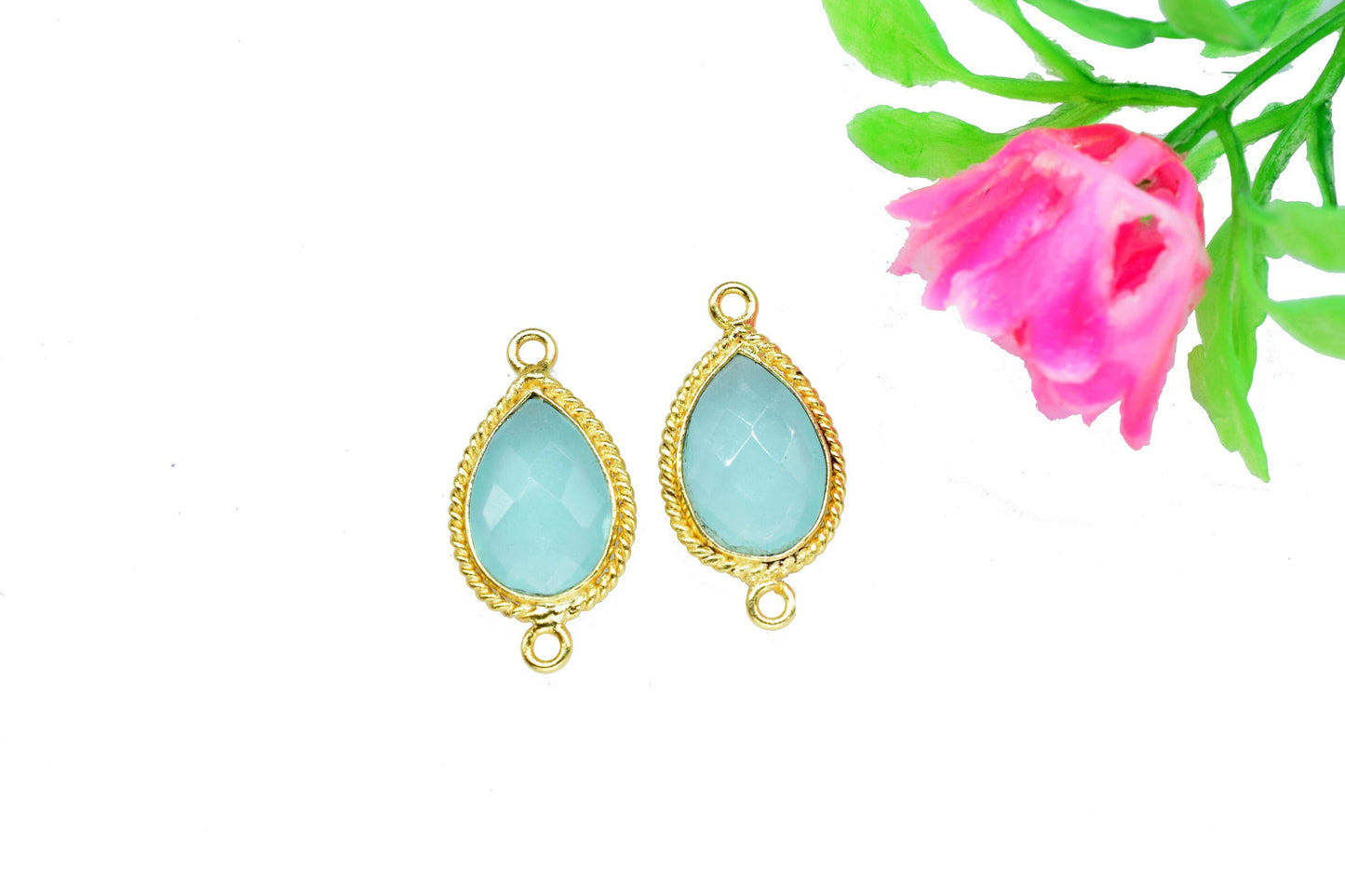 Aqua chalcedony Double Bail Charms Jewelry,Aqua Chalcedony Faceted Bezels Charms,Aqua Chalcedony 10x14mm Pear Shape Gold Plating Bezel,Gift