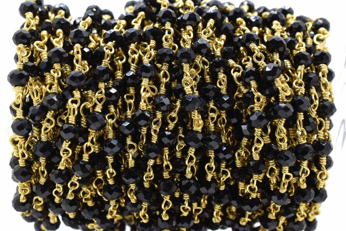 Black Spinel 3mm Rosary Style Beaded Chain, Black Spinel Faceted Beads Wire Wrapped Chain,Brass chains,Jewelry Making Chains,3mm Beads Chain