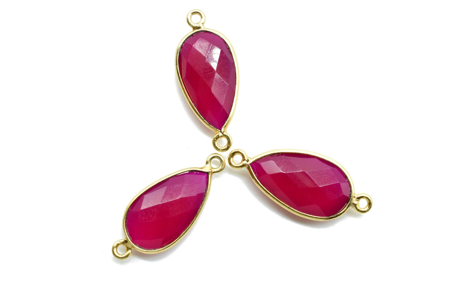 Pink chalcedony 10x18mm Pear shape double loop connectors,Checker Board cut Pink Chalcedony Pendant,Hot Pink charms,Fuchsia Pink Chalcedony