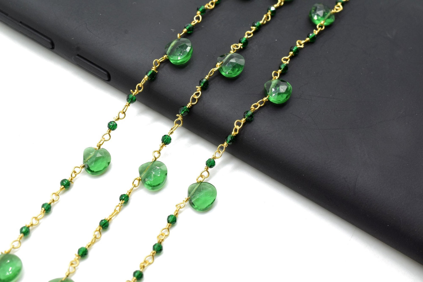 Emerald 2mm Beaded & Heart shape Chain,Wrapped Rosary Chain,Sapphire Briolette rosary chain,Brass Gold Plated Sold Per Foot Wholesale price